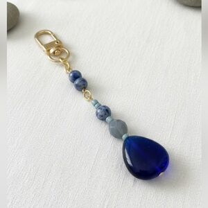 Deep Blue Sea Blue Sodalite & Gold Tone Designer Inspired Bag Charm Keychain